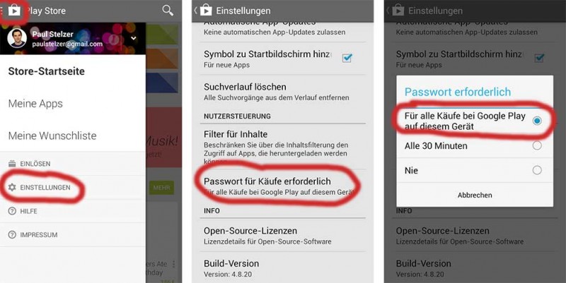 In-App-Käufe in Google Play deaktivieren ist nicht so möglich, aber zumindest muss das Passwort jedes mal eingegeben werden