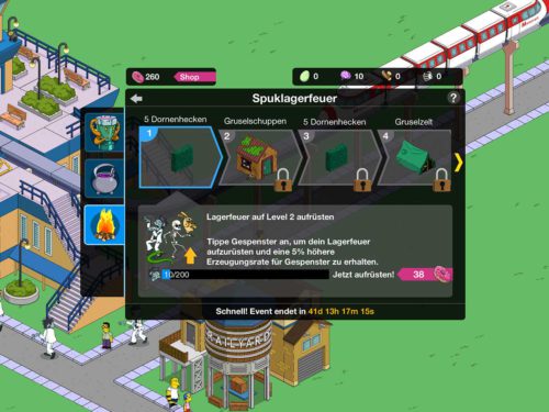 Das Spuklagerfeuer kann beim Simpsons Springfield Treehouse of Horror 2015 Event unbegrenzt aufgerüstet werden