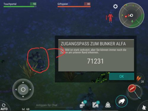 Der Code für Bunker Alfa ist nun im roten Bereich zu finden. Dort ist eine Leiche. Tippe diese an und du erhälst den Code