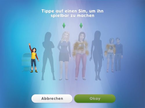 Nun werden dir nur noch die Sims von Sims Mobile angezeigt, die befördert werden können